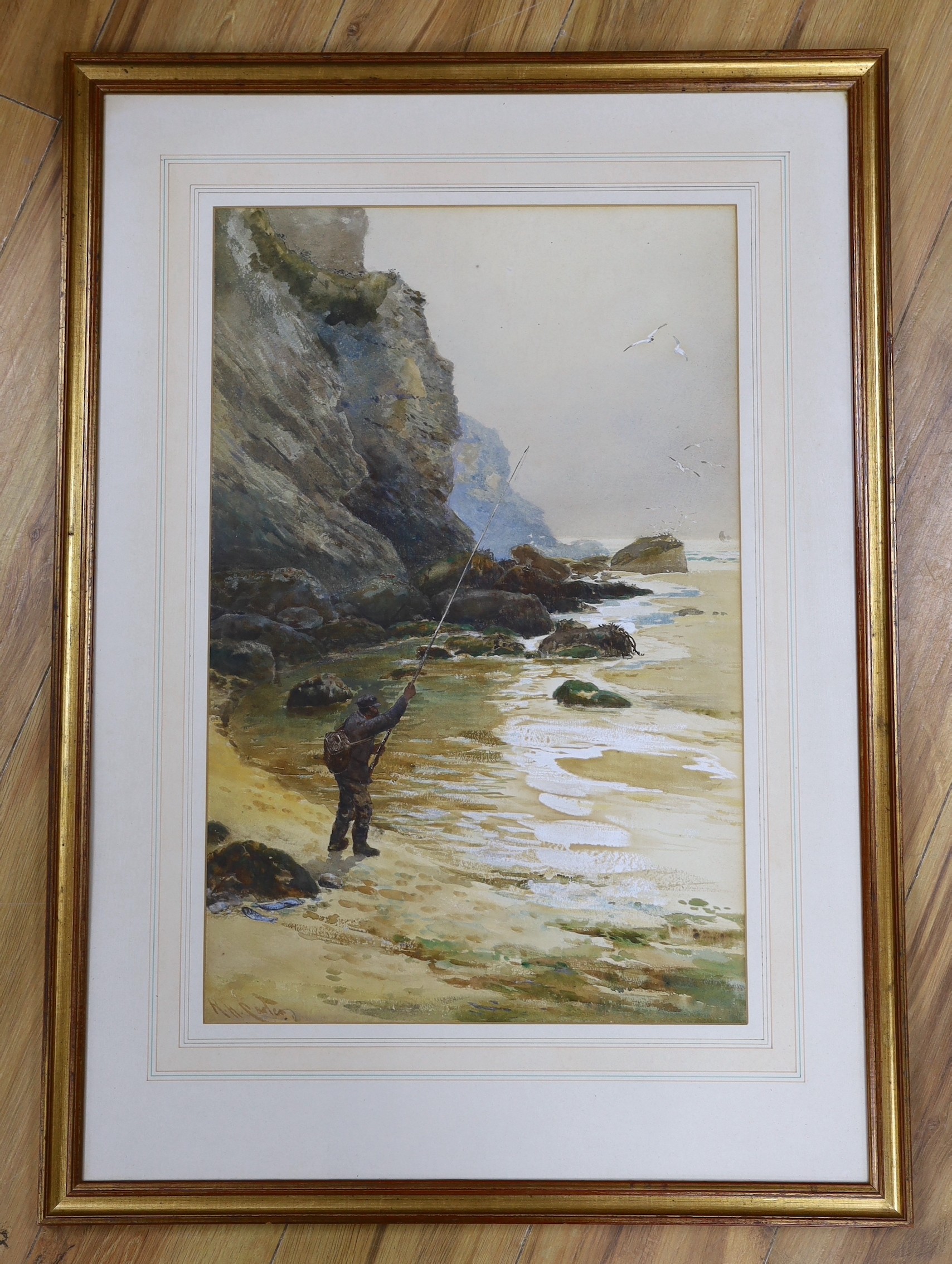 R.H. Parker (19th C.), watercolour, Angler on the seashore, signed, 59 x 39cm